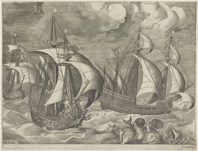 Trois navires de guerre, au premier plan Arion sur un dauphin - Frans Huys