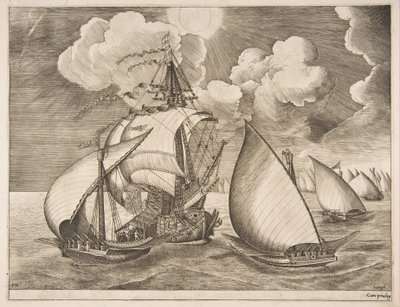 Flotte de galères escortée par une caravelle de Les Navires à voile, 1561-65 - Frans Huys