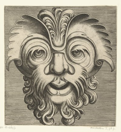 Masque avec barbe et moustache bouclées, une touffe de boucles repose sur l