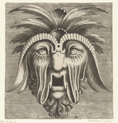 Masque avec une bouche édentée ouverte, des joues tombantes et des touffes sur la tête - Frans Huys