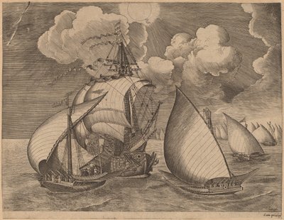 Une flotte de galères escortée par une caravelle - Frans Huys after Pieter Bruegel the Elder