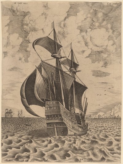 Navire armé à quatre mâts naviguant vers un port - Frans Huys after Pieter Bruegel the Elder