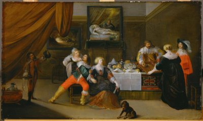 Scène de société avec un tableau de Danaé en arrière-plan - Frans III Francken
