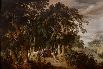 Une clairière dans un paysage boisé avec de nombreux animaux et Orphée attaqué par les femmes thraces - Frans II Francken