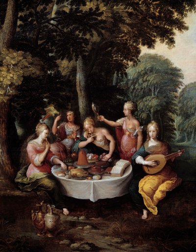 Les cinq sens jeunes femmes dans un paysage avec banquet (goût), musique (ouïe), miroir (vue), bouquet de fleurs (odorat) et caresse (toucher). (détail) - Frans II Francken