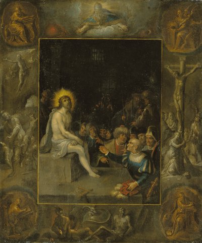 La Dérision du Christ, dans un entourage en grisaille représentant Dieu le Père, les Évangélistes, La Crucifixion, La Résurrection et Le Diable et la Mort avec le Serpent couronné - Frans II the Younger Francken