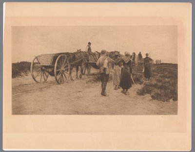 Travailleurs agricoles sur un chemin avec des charrettes et des outils - Frans Lauwers