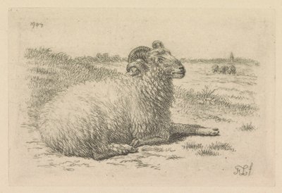 Bélier couché dans une prairie - Frans Lebret