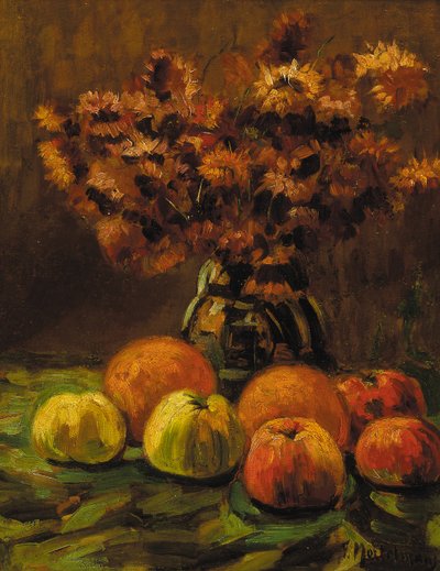 Pommes, oranges et un vase de fleurs sur une table - Frans Mortelmans