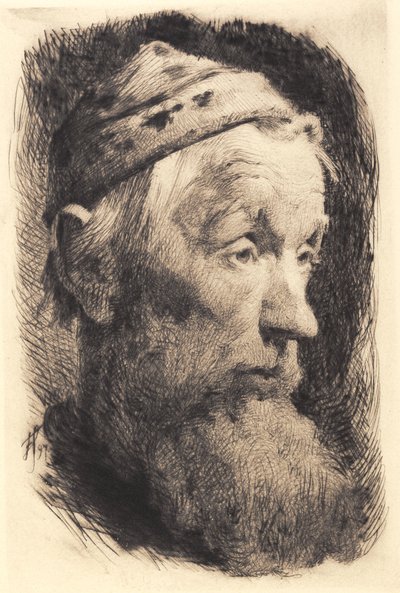 Vieil homme avec un bonnet de laine blanche, profil vers la droite - Frans Schwartz