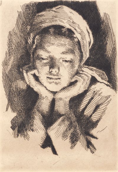 Jeune femme avec bonnet, de face, appuyant la tête dans les mains. Buste - Frans Schwartz