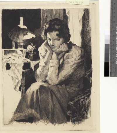 Jeune fille à sa lampe, appuyant la tête dans ses mains - Frans Schwartz