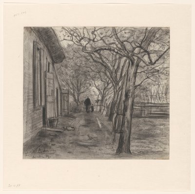 Cour de ferme avec arbres, femme et enfant - Frans Alexander Evert Lodewijk Smissaert
