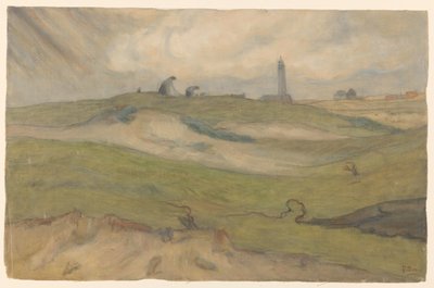 Paysage de dunes avec phare et réparateurs de filets - Frans Alexander Evert Lodewijk Smissaert