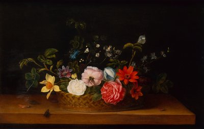Fleurs dans un panier avec des insectes sur un rebord - Frans Ykens