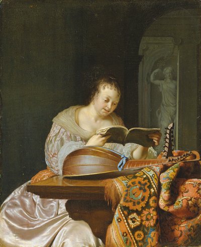Intérieur avec une femme lisant de la musique à une table partiellement drapée avec un luth à double tête, 1671 - Frans van Mieris