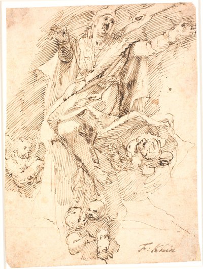 Femme, les bras étendus, portée au ciel par quatre angelots - Frantz Cleyn