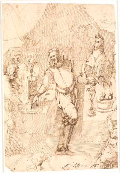 Homme debout en costume du 16e siècle, dans une pièce, entre deux tables avec des sculptures et une horloge, des pièces de monnaie, etc., ainsi que sept-huit autres personnes - Frantz Cleyn
