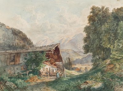 Paysage alpin avec ferme et femme à la fontaine - Franz Barbarini