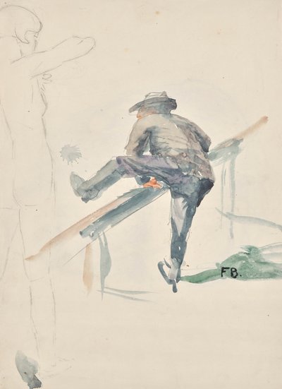 Homme grimpant sur une balustrade et contours d