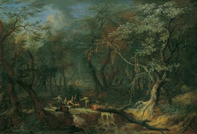 Paysage forestier avec arbre renversé et chasseurs - Franz Christoph Janneck