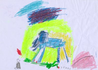 Cheval bleu sous ciel jaune d
