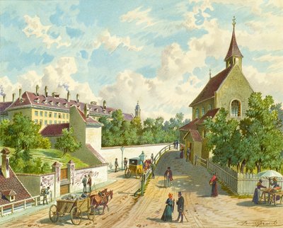 La rue Währinger à Vienne avec la maison de soins "Zum Blauen Herrgott" et la "chapelle Krawoten" - Franz Gerasch