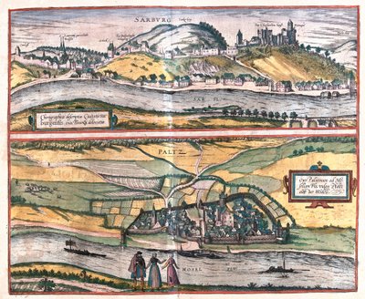 Vue précise de la ville de Saarburg et de la ville de Pfaltz an der Mosel, Allemagne - Franz Hogenberg