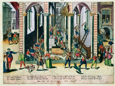 Destruction de reliques et de statues dans les églises, avril 1566 (gravure en couleur) - Franz Hogenberg