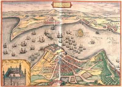 Helsingor, Danemark - Helsingborg, Suède (gravure) - Franz Hogenberg