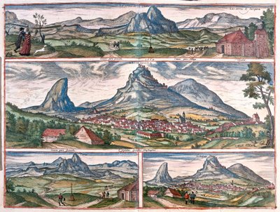 Rocher des Amoureux - Archidona, près de Malaga, Espagne. Deux de la montagne La Peña de los Enamorados et deux du village Archidona (gravure) - Franz Hogenberg
