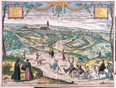 Séville, Espagne. Avec une scène de punition : une entremetteuse ou une adultère, a été enduite de miel et est envahie par les abeilles. Le cocu suit derrière, portant des bois et une chaîne de cloches. La procession est accompagnée de magistrats (gravure) - Franz Hogenberg