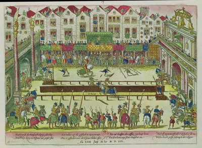 Tournoi pendant lequel Henri II (1519-59) a été blessé par le comte de Montgomery et est mort dix jours plus tard, 30 juin 1559 - Franz Hogenberg