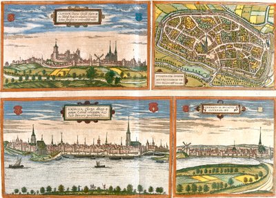 Vues et plans de Clèves, Duisbourg, Emmerich am Rhein en Allemagne et Genappe en Belgique - Franz Hogenberg