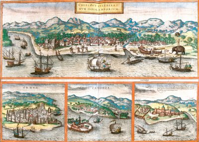 Vues de Kozhikode ou Calicut (Inde), Ormuz (Iran), Cannanore ou Kannur (Inde) et St. George de la mine ou Elmina (Ghana) - Franz Hogenberg