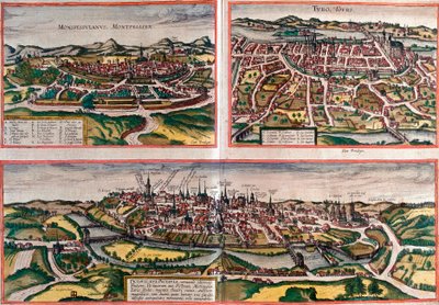 Vues de Montpellier (Monspessulanus), Tours (Turo) et Poitiers (Pictavis), France (eau-forte) - Franz Hogenberg
