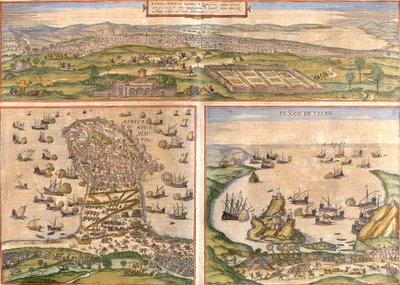 Vues de Tunis et Mahdia en Tunisie, et Penon de Velez de la Gomera ou Badis, disputé entre l