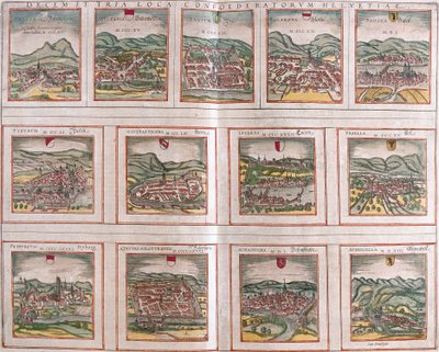 Vues des principales villes de la Confédération suisse : Schwytz (Svicia), Zoug (Tugium), Glaris (Glarona), Bâle (Basilea), Zurich (Tugurum), Berne (Ursina), Lucerne (Lucerna), Uri (Ursella), Fribourg (Frigurgum), Soleure (Soloturensis), Schaffhouse (Schap - Franz Hogenberg