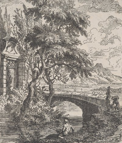 Planche 7 : deux figures à droite sur le point de traverser un pont en pierre, un pêcheur dans le... - Franz Joachim Beich