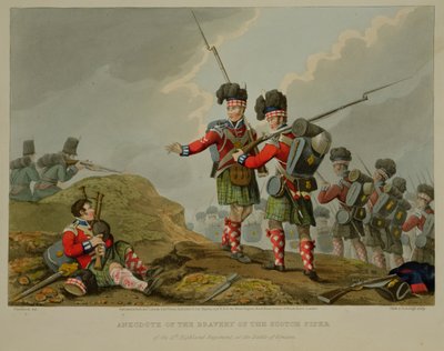 Anecdote du courage du joueur de cornemuse écossais du 11e régiment des Highlands à la bataille de Vimiero, gravé par John Heaviside Clark et Matthew Dubourg de 