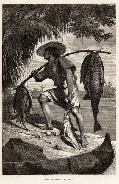 Indien Moxo (Mojo, Moxeno) (de la région du Mato Grosso) revenant de la pêche, gravure d