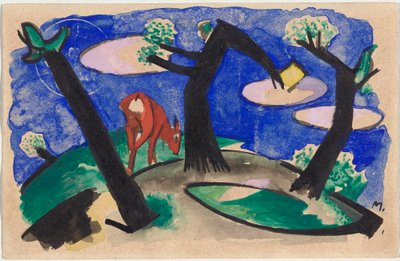 Paysage avec animal rouge, carte postale de Sindelsdorf à Alfred Kubin à Wernstein/Zwickledt - Franz Marc