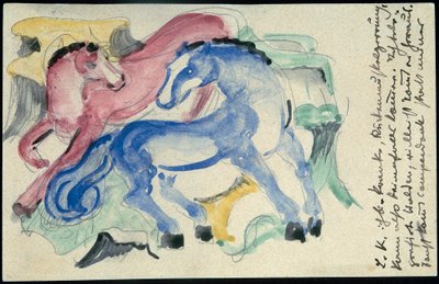 "Cheval rouge et bleu", Franz Marc de Sindelsdorf à Wassily Kandinsky à Munich: Carte postale, cachet postal 05.04.1913 - Franz Marc