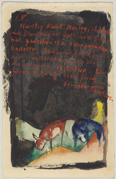 "Zinnobergruß", Franz Marc de Sindelsdorf à Wassily Kandinsky à Munich : Carte postale, cachet postal 19.04.1913 - Franz Marc