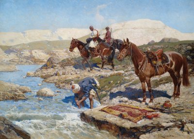 Cavalier circassien traversant la rivière - Franz Roubaud