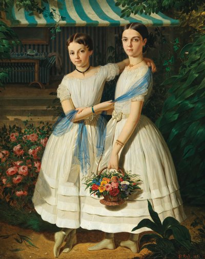 Franz Russ Portrait de deux sœurs dans un jardin 1854 - Franz Russ the Elder