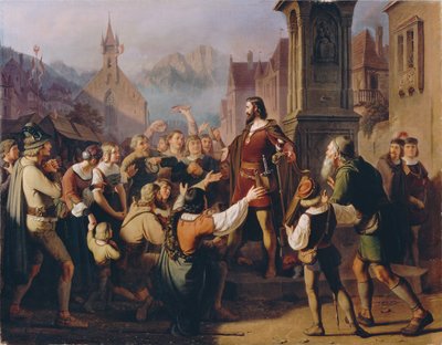 Le duc Frédéric IV déguisé en troubadour se révèle à ses fidèles Tyroliens en fuite de Constance - Franz Schams