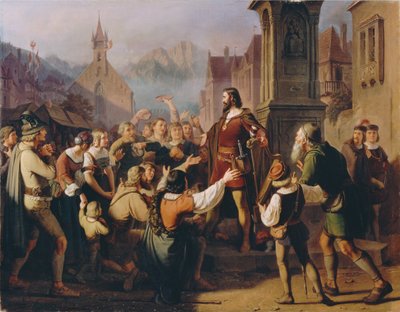 Le duc Friedrich IV, déguisé en ménestrel, se révèle à ses fidèles Tyroliens..., 1851 - Franz Schams