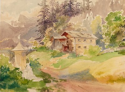 Paysage alpin avec ferme et femme devant un calvaire - Franz Steinfeld