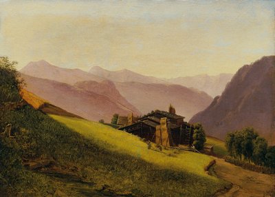 Paysage de montagne avec chalets alpins et paysans faneurs - Franz Wipplinger